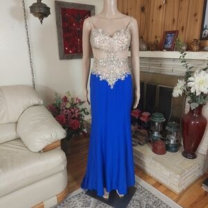 May Queen Royal Blue and Nude Illusion Embellished Prom Dress